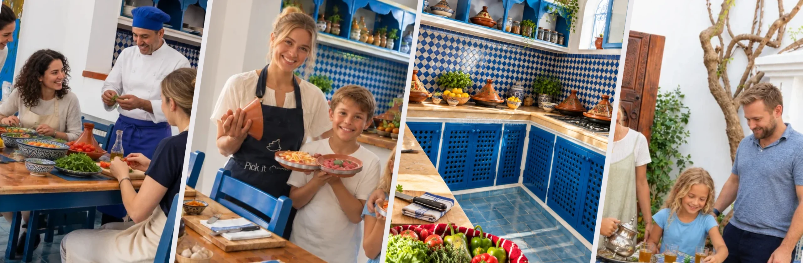 Pick it Cook it participants preparing Moroccan dishes with clay pots and fresh ingredients at Riad Asilah 32 cooking class