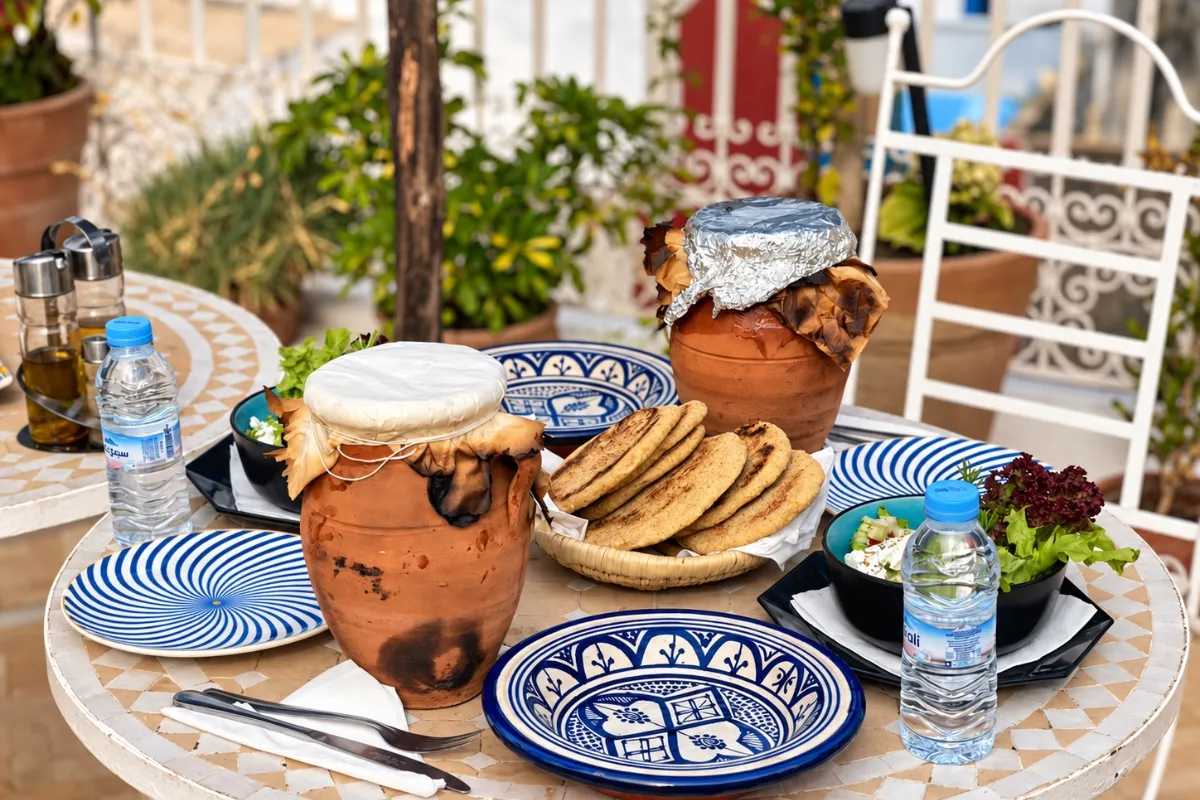 Tanjia Cooking Class Tangier | Moroccan Clay-Pot 1 Overhead view of tanjia clay amphoras and Moroccan ceramic plates on mosaic table at Riad Sultana Tangier