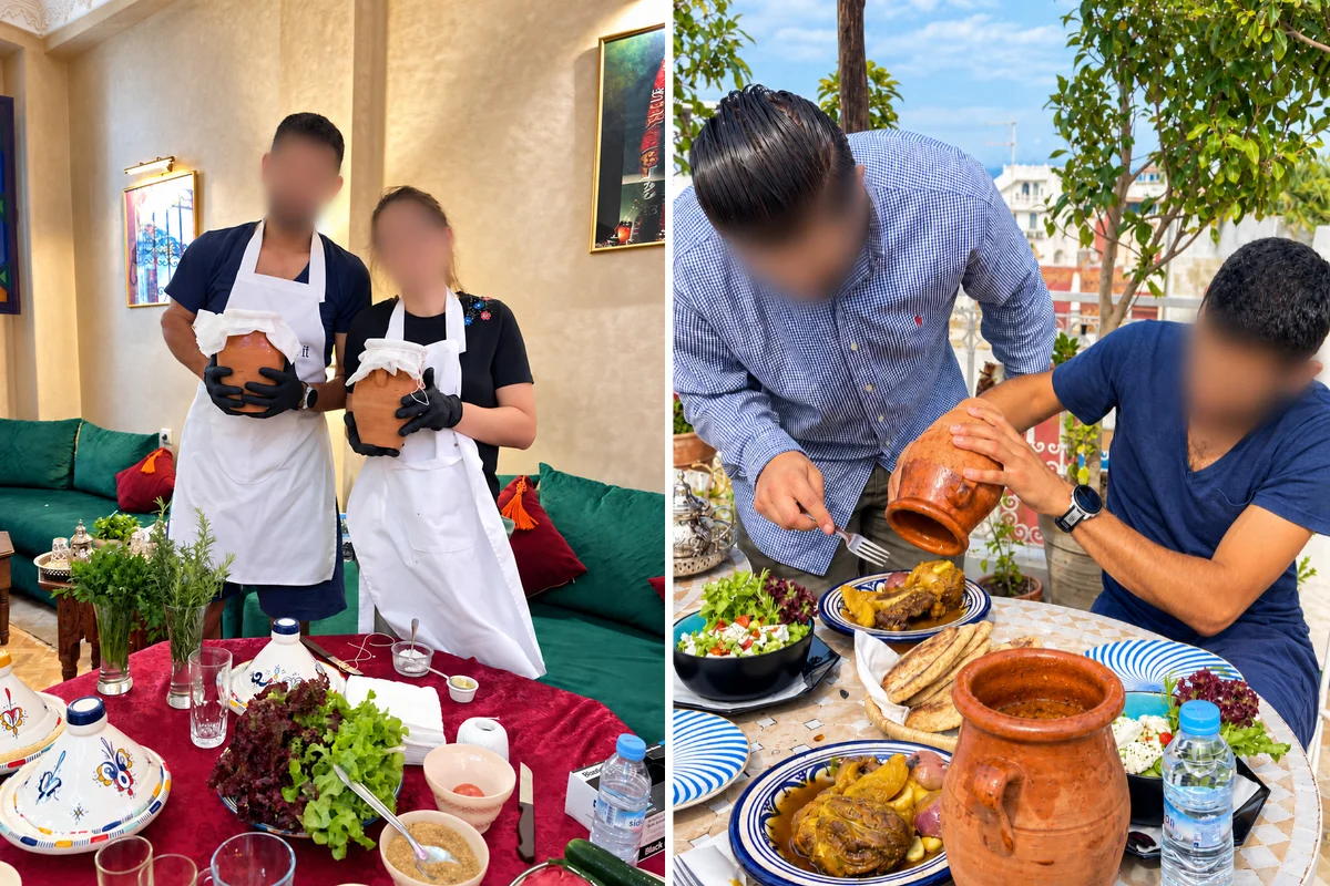 Pick it Cook it guests in aprons preparing tanjia with clay amphoras, fresh herbs and spices at Riad Sultana